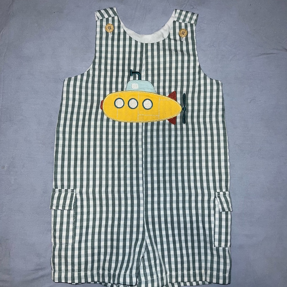 Good Lad Green Checkered Overalls with Submarine Design